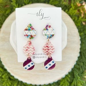 Ornament Stack Dangle Earrings | Post Back | New | Boutique | Lightweight | Pink